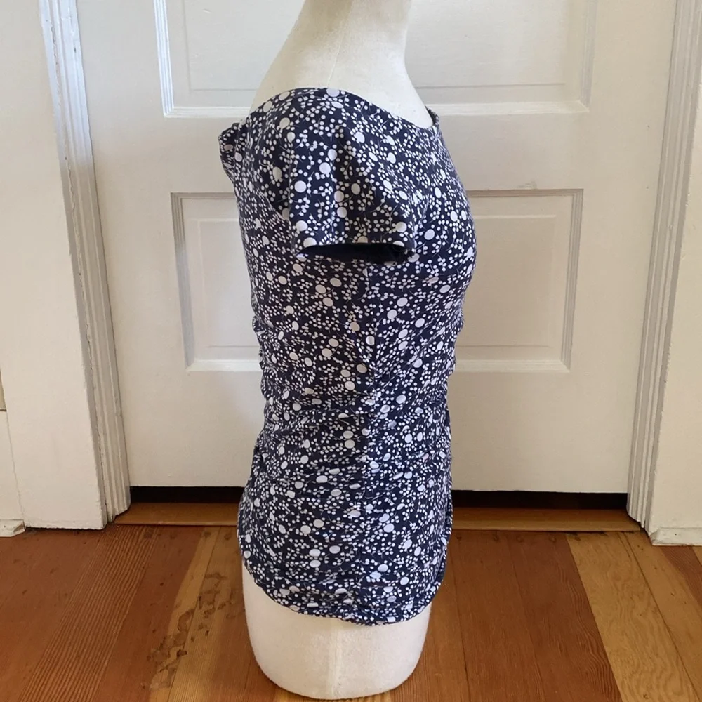 Boden Short Sleeve‎ Navy Blue White Stretch Knit Ruched Sides Women's Top 8
